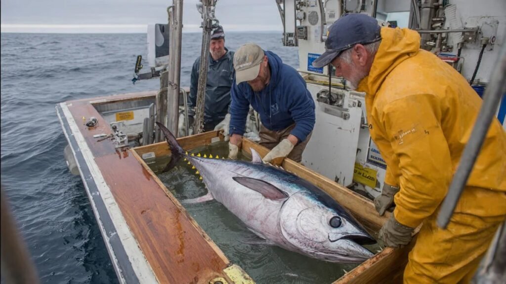 A rare giant bluefin tuna is precisely measured and officially confirmed by marine biologists using peer-reviewed scientific protocols