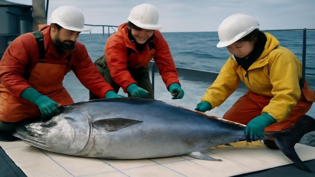 A rare giant bluefin tuna is precisely measured and officially confirmed by marine biologists using peer-reviewed scientific protocols